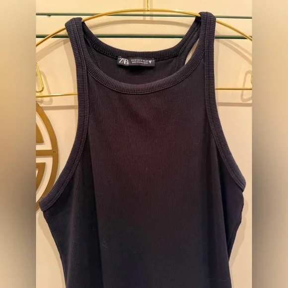 Zara Tank Dress Women S Black Ribbed Knit Round Neck Textured Bodycon Sleeveless - Picture 4 of 4